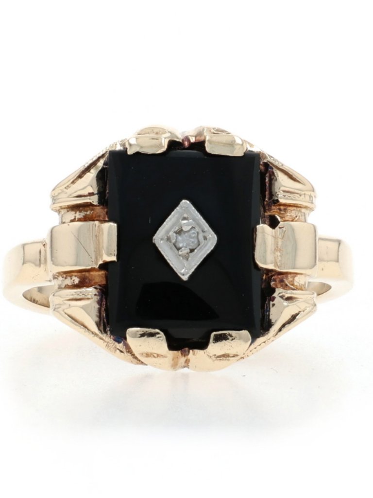 Ostby  Barton Onyx Diamond Art Deco Mens Ring  Yellow Gold 10k Rectangular
